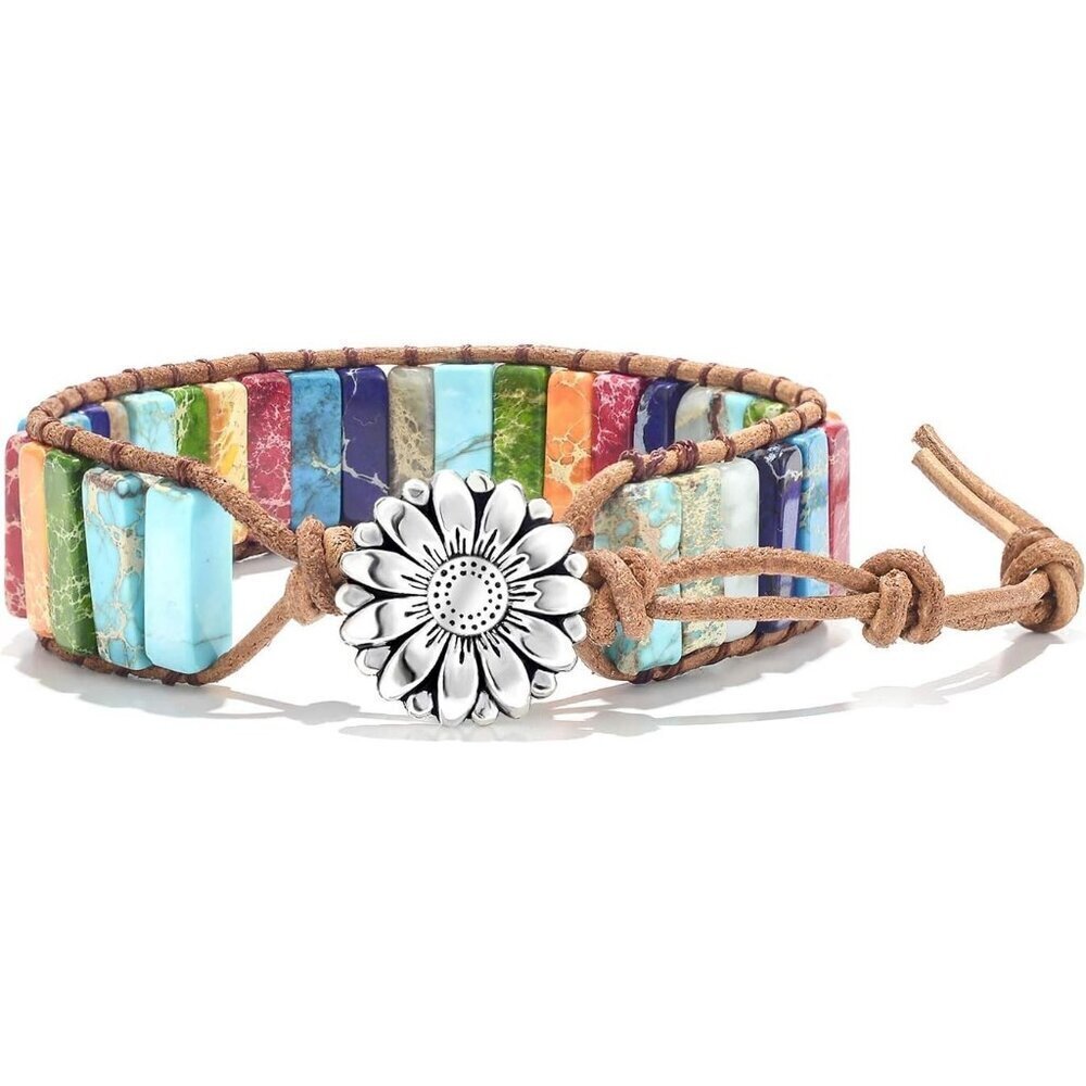 7 Chakra Leather Wrap Bracelet for Women & Men - Healing Stones Bead Jewelry